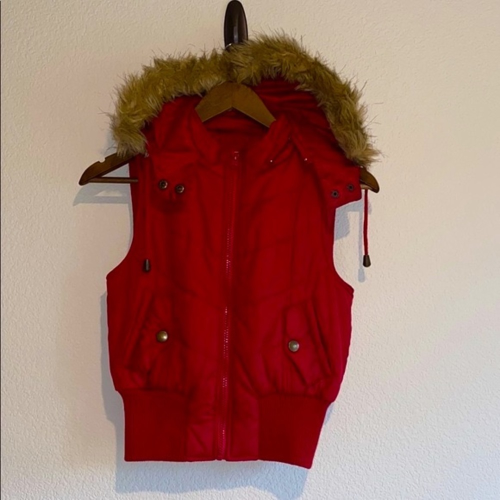 Girls red vest with fur trimmed hood